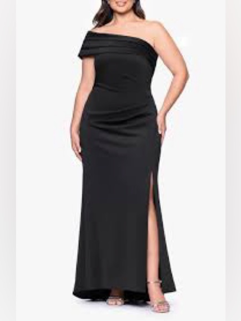 Xscape Evenings One-Shoulder Black Evening Gown with Side Slit